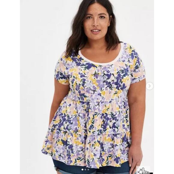Torrid Floral Babydoll Slub Scoop Neck Tiered Top Shirt size 1 1X 14 16 - Picture 1 of 7